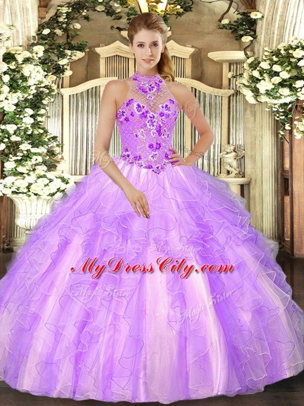 Halter Top Sleeveless Quinceanera Dress Floor Length Embroidery Lilac Organza