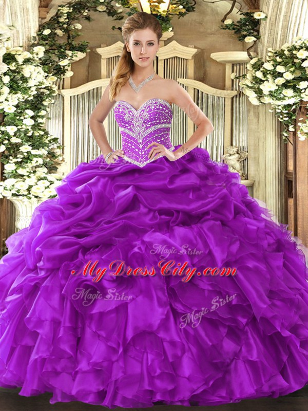 Floor Length Purple 15 Quinceanera Dress Organza Sleeveless Beading and Ruffles and Pick Ups