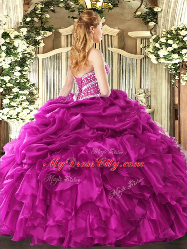 Floor Length Purple 15 Quinceanera Dress Organza Sleeveless Beading and Ruffles and Pick Ups