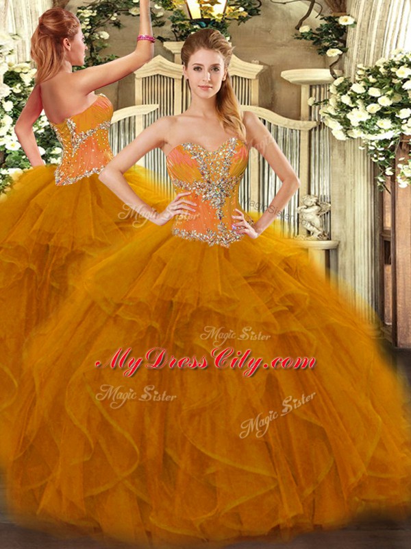 Lovely Brown Ball Gowns Beading and Ruffles 15 Quinceanera Dress Lace Up Tulle Sleeveless Floor Length