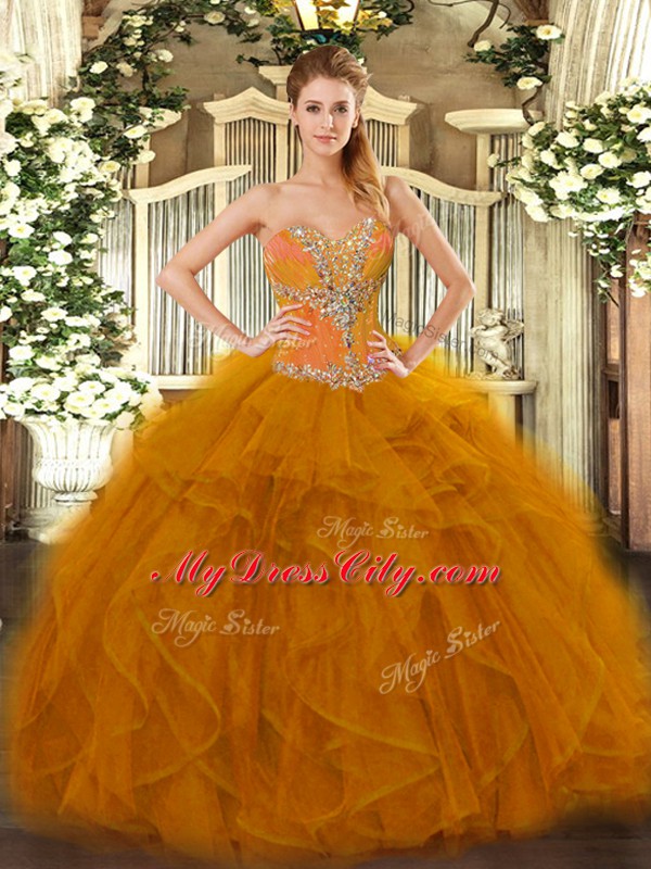 Lovely Brown Ball Gowns Beading and Ruffles 15 Quinceanera Dress Lace Up Tulle Sleeveless Floor Length