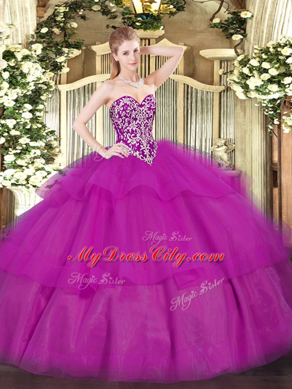 Fuchsia Lace Up Sweetheart Beading and Ruffled Layers Quinceanera Gowns Tulle Sleeveless