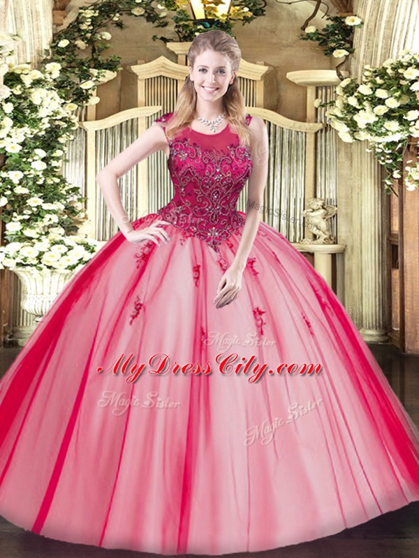 Fashion Tulle Scoop Sleeveless Zipper Beading Vestidos de Quinceanera in Red