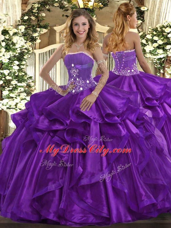 High Class Sleeveless Lace Up Floor Length Beading and Ruffles Sweet 16 Dresses