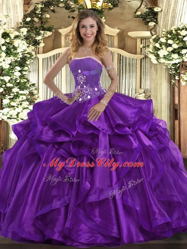 High Class Sleeveless Lace Up Floor Length Beading and Ruffles Sweet 16 Dresses