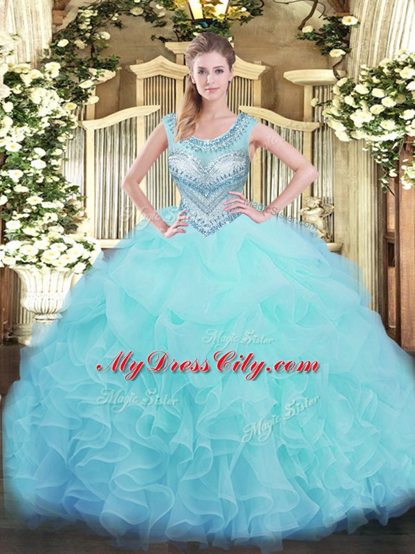 High End Scoop Sleeveless Quinceanera Gowns Floor Length Beading and Ruffles and Pick Ups Aqua Blue Organza