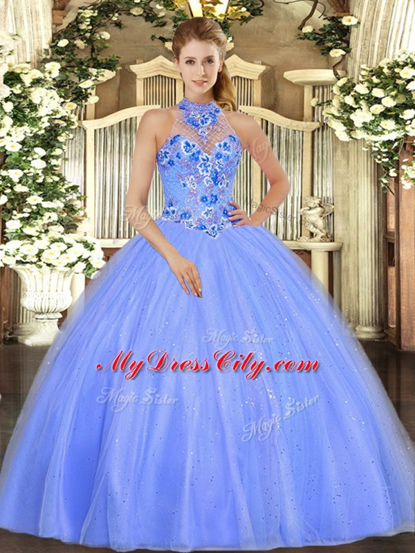 Latest Blue Ball Gowns Halter Top Sleeveless Tulle Floor Length Lace Up Embroidery Vestidos de Quinceanera