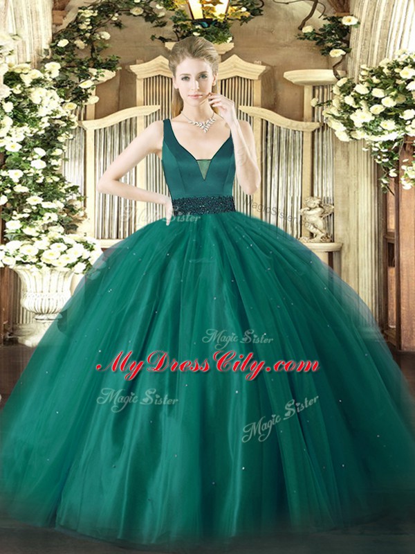 Teal Sleeveless Beading Floor Length 15th Birthday Dress