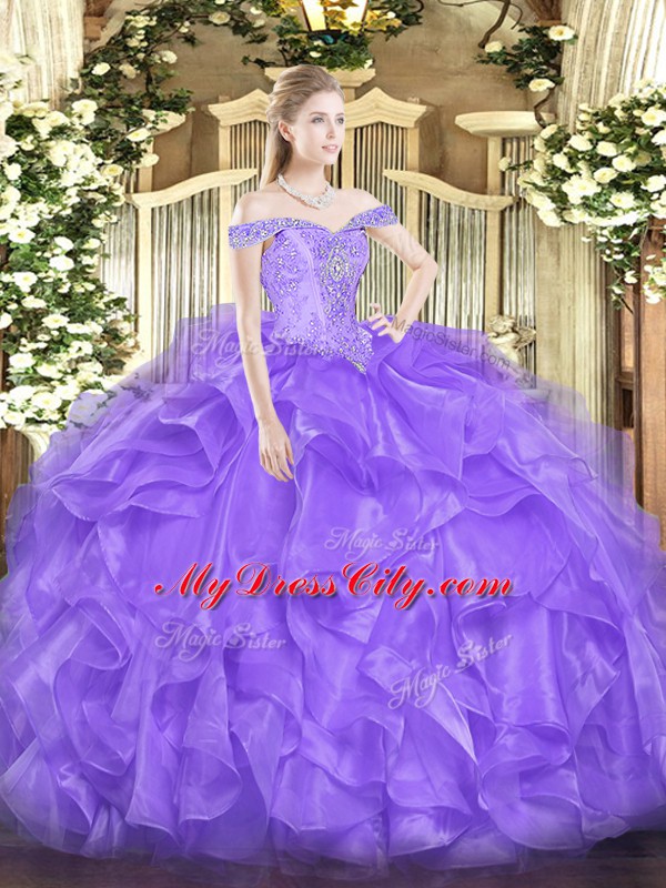 Floor Length Lace Up Quinceanera Dresses Lavender for Military Ball and Sweet 16 and Quinceanera with Beading and Ruffles