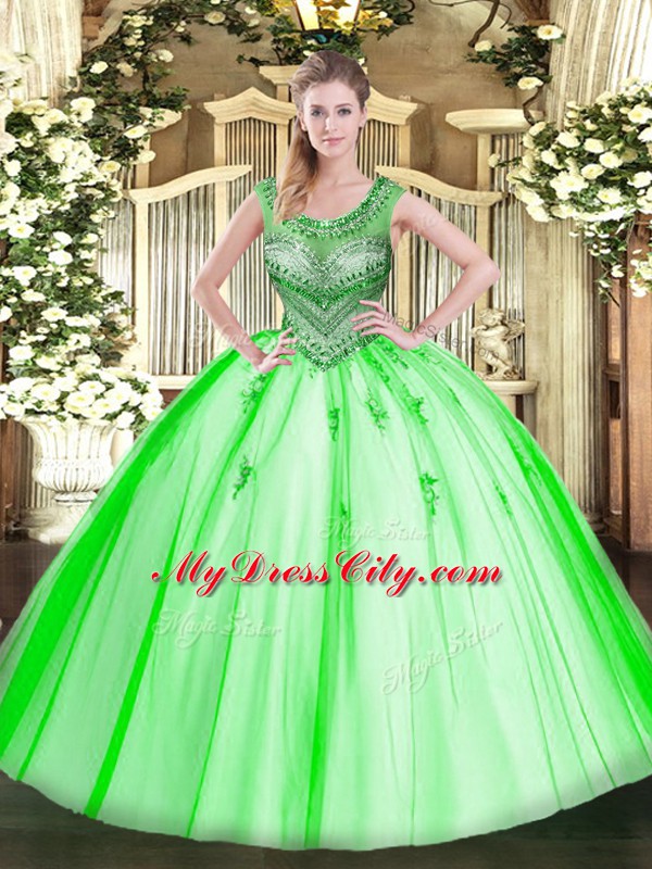 Fantastic Ball Gowns Tulle Scoop Sleeveless Beading Floor Length Lace Up 15th Birthday Dress