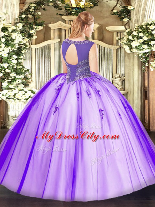 Fantastic Ball Gowns Tulle Scoop Sleeveless Beading Floor Length Lace Up 15th Birthday Dress