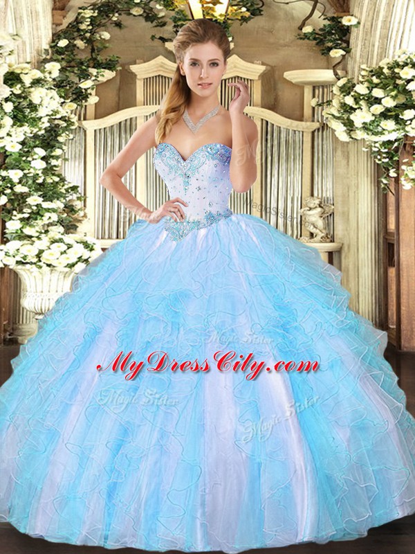 Hot Selling Aqua Blue Sweetheart Neckline Beading and Ruffles Quinceanera Dress Sleeveless Lace Up