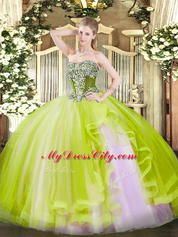 Fantastic Sleeveless Tulle Floor Length Lace Up Quinceanera Gowns in Yellow Green with Beading and Ruffles