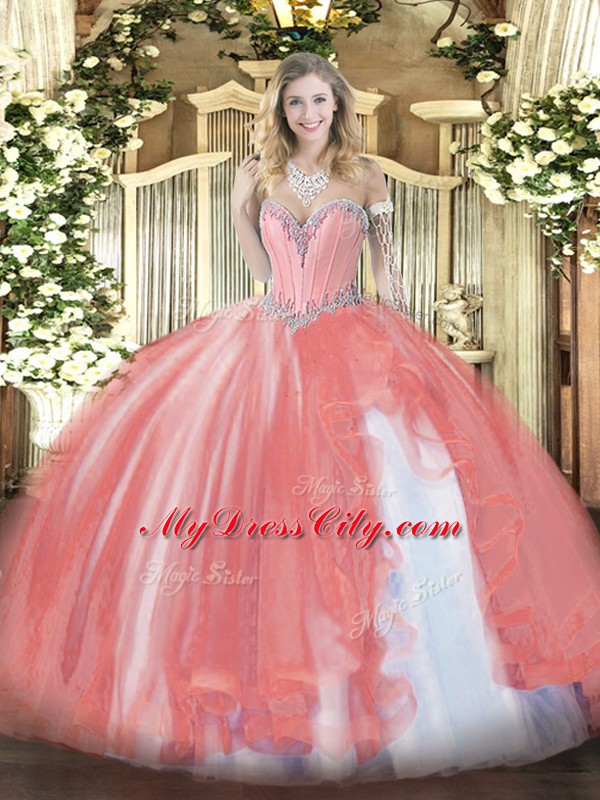 Coral Red Sleeveless Beading and Ruffles Floor Length Sweet 16 Quinceanera Dress