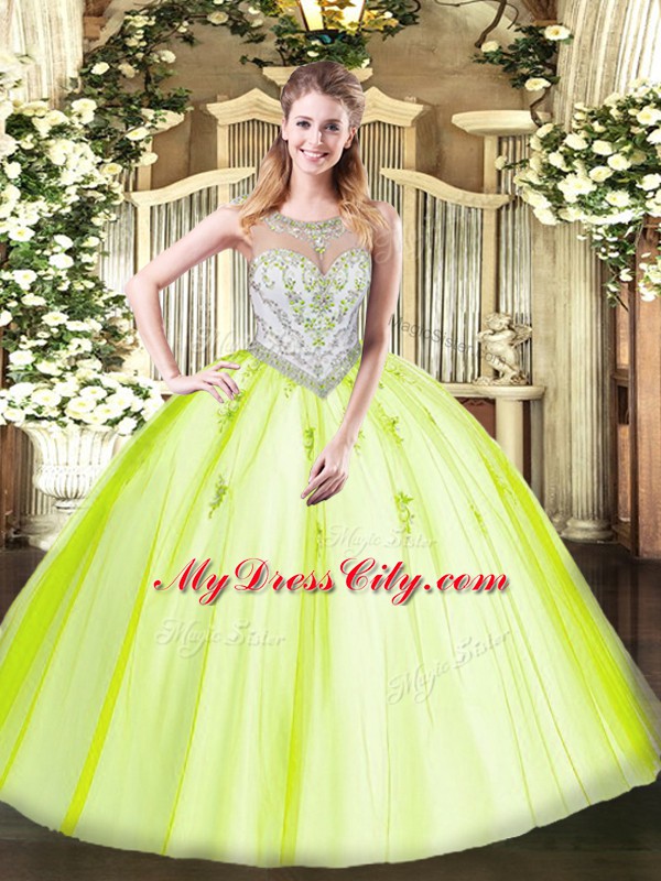 Beading and Appliques Quinceanera Gown Yellow Green Zipper Sleeveless Floor Length