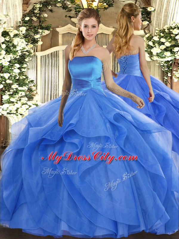 Custom Fit Blue Ball Gowns Tulle Strapless Sleeveless Ruffles Floor Length Lace Up Quinceanera Gowns