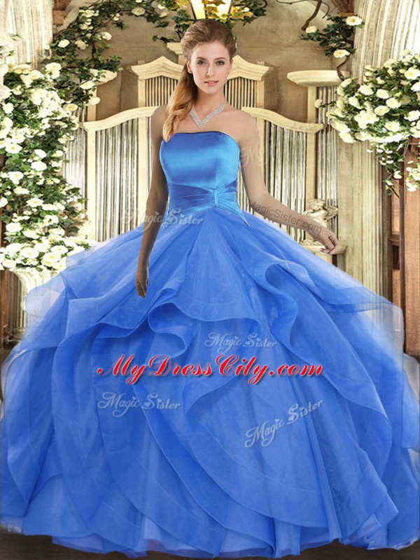 Custom Fit Blue Ball Gowns Tulle Strapless Sleeveless Ruffles Floor Length Lace Up Quinceanera Gowns