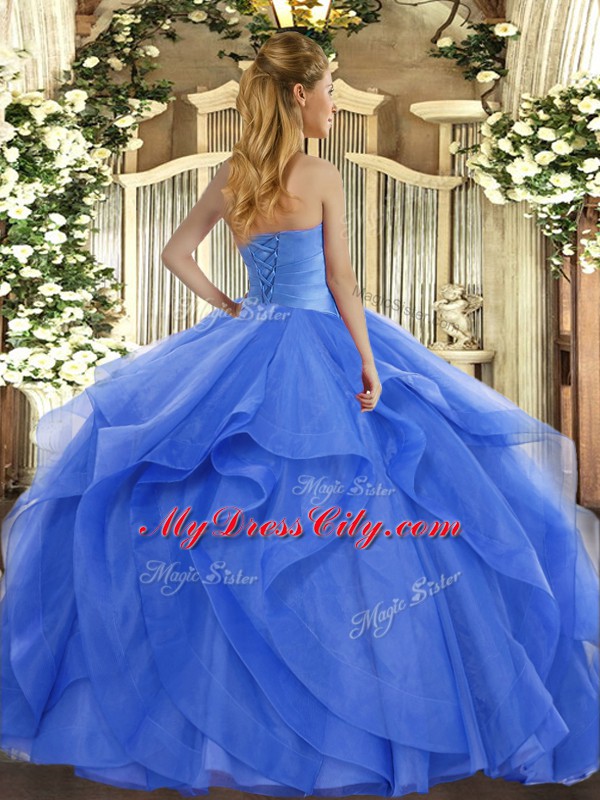 Custom Fit Blue Ball Gowns Tulle Strapless Sleeveless Ruffles Floor Length Lace Up Quinceanera Gowns