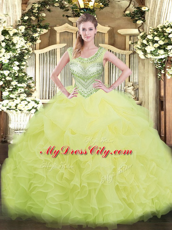 Cute Sleeveless Floor Length Beading and Ruffles and Pick Ups Lace Up Quinceanera Gowns with Yellow Green