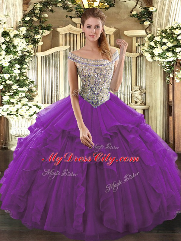 Eggplant Purple Sweet 16 Dresses Sweet 16 and Quinceanera with Beading and Ruffles Off The Shoulder Sleeveless Lace Up