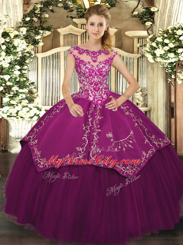 Ideal Purple Ball Gowns Scoop Cap Sleeves Satin and Tulle Floor Length Lace Up Beading and Embroidery Ball Gown Prom Dress