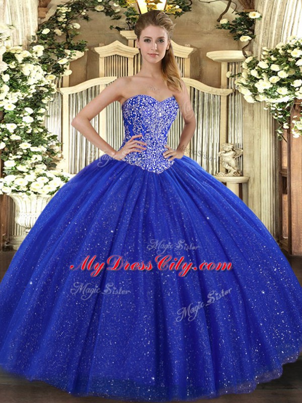 Royal Blue Tulle Lace Up Quinceanera Dresses Sleeveless Floor Length Beading