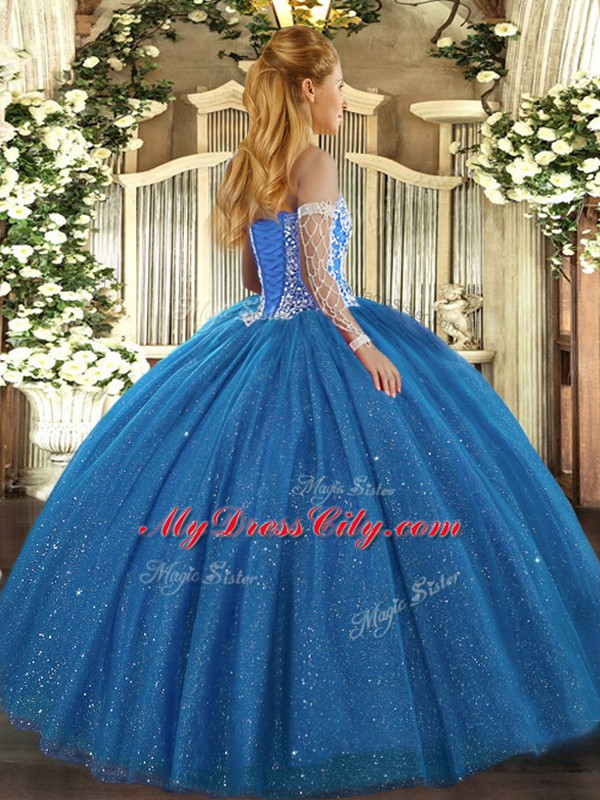 Royal Blue Tulle Lace Up Quinceanera Dresses Sleeveless Floor Length Beading