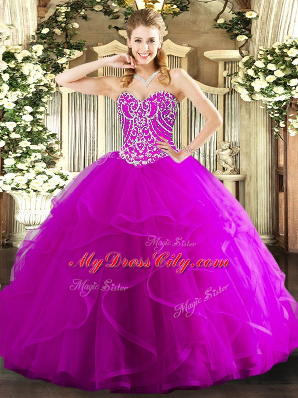 Cute Fuchsia Sleeveless Tulle Lace Up Sweet 16 Quinceanera Dress for Military Ball and Sweet 16 and Quinceanera