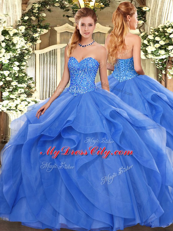 Amazing Blue Tulle Lace Up Sweetheart Sleeveless Floor Length 15th Birthday Dress Beading and Ruffles