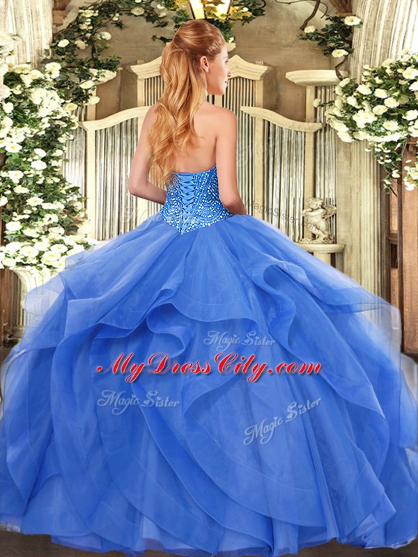 Amazing Blue Tulle Lace Up Sweetheart Sleeveless Floor Length 15th Birthday Dress Beading and Ruffles