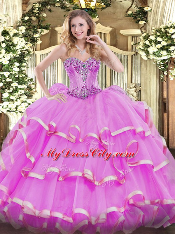 Lilac Ball Gowns Beading and Ruffles Quinceanera Dresses Lace Up Organza Sleeveless Floor Length