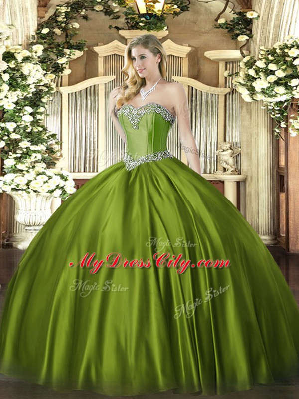 High Quality Olive Green 15th Birthday Dress Military Ball and Sweet 16 and Quinceanera with Beading Sweetheart Sleeveless Lace Up