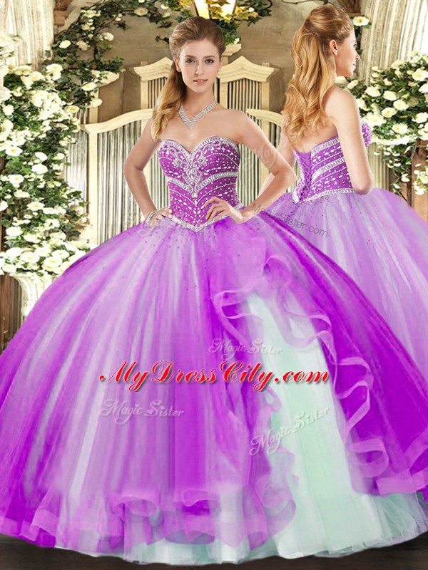 Colorful Tulle Sweetheart Sleeveless Lace Up Beading and Ruffles Sweet 16 Dress in Lavender