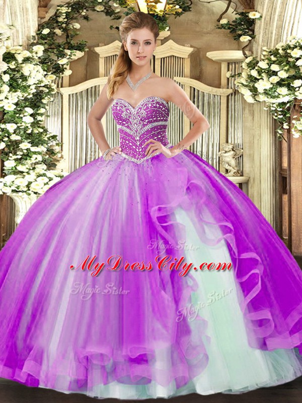 Colorful Tulle Sweetheart Sleeveless Lace Up Beading and Ruffles Sweet 16 Dress in Lavender