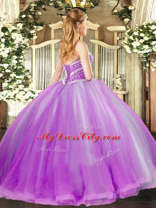 Colorful Tulle Sweetheart Sleeveless Lace Up Beading and Ruffles Sweet 16 Dress in Lavender