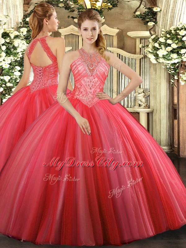 Cute Floor Length Coral Red Sweet 16 Quinceanera Dress High-neck Sleeveless Lace Up