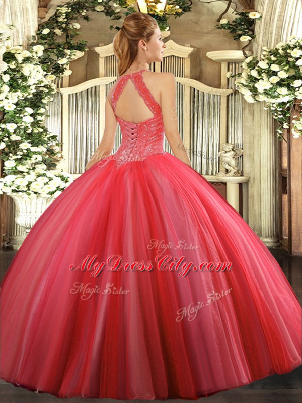 Cute Floor Length Coral Red Sweet 16 Quinceanera Dress High-neck Sleeveless Lace Up