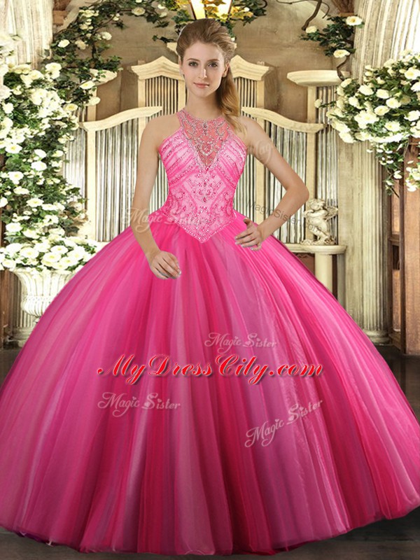 High-neck Sleeveless Quinceanera Gowns Floor Length Beading Hot Pink Tulle