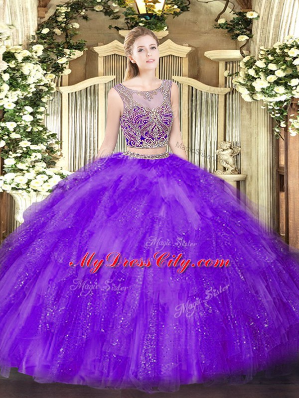 Lavender Two Pieces Scoop Sleeveless Tulle Floor Length Lace Up Beading and Ruffles Quinceanera Gowns