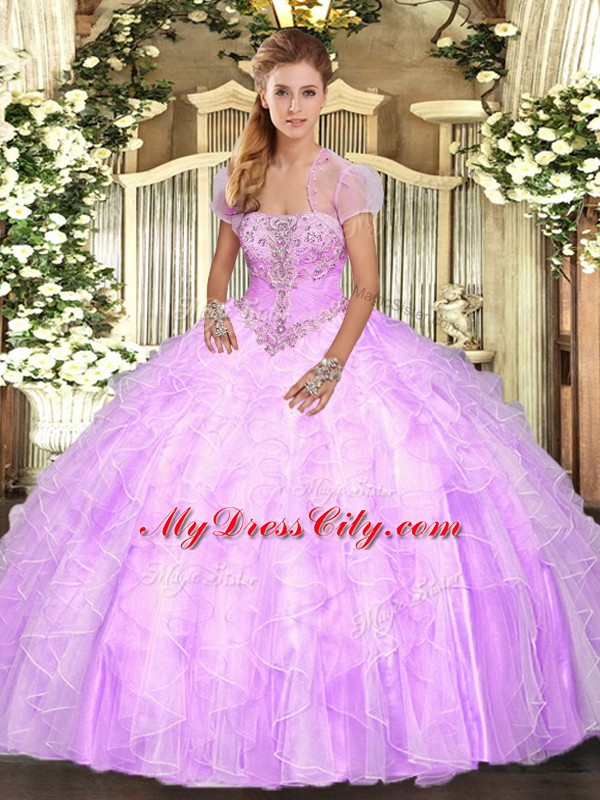 Modest Lilac Tulle Lace Up Quinceanera Gowns Sleeveless Floor Length Appliques and Ruffles