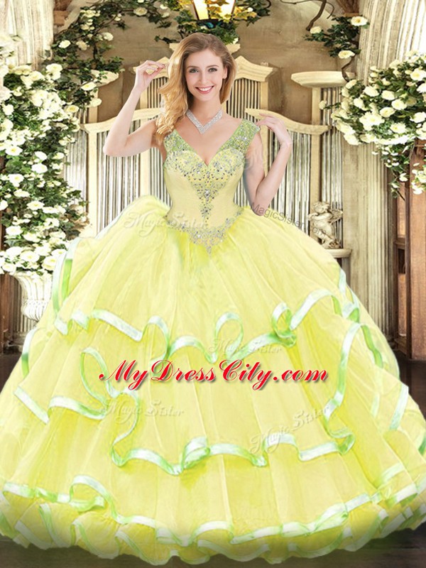 Flare Yellow Ball Gowns Beading and Ruffled Layers Quinceanera Dresses Lace Up Organza Sleeveless Floor Length