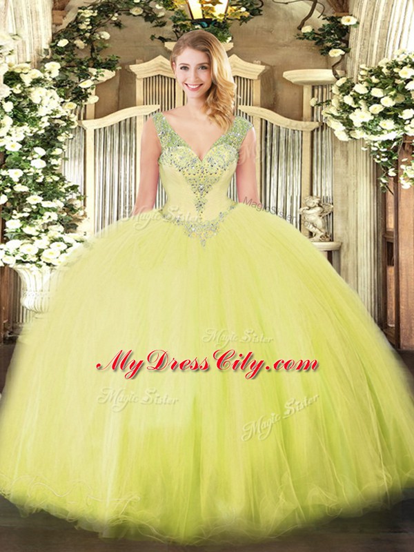 Custom Design Yellow Green Ball Gowns Beading Quinceanera Dresses Lace Up Tulle Sleeveless Floor Length