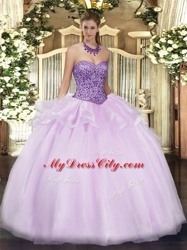 Cute Lavender Ball Gowns Beading and Ruffles Quinceanera Gowns Zipper Tulle Sleeveless Floor Length