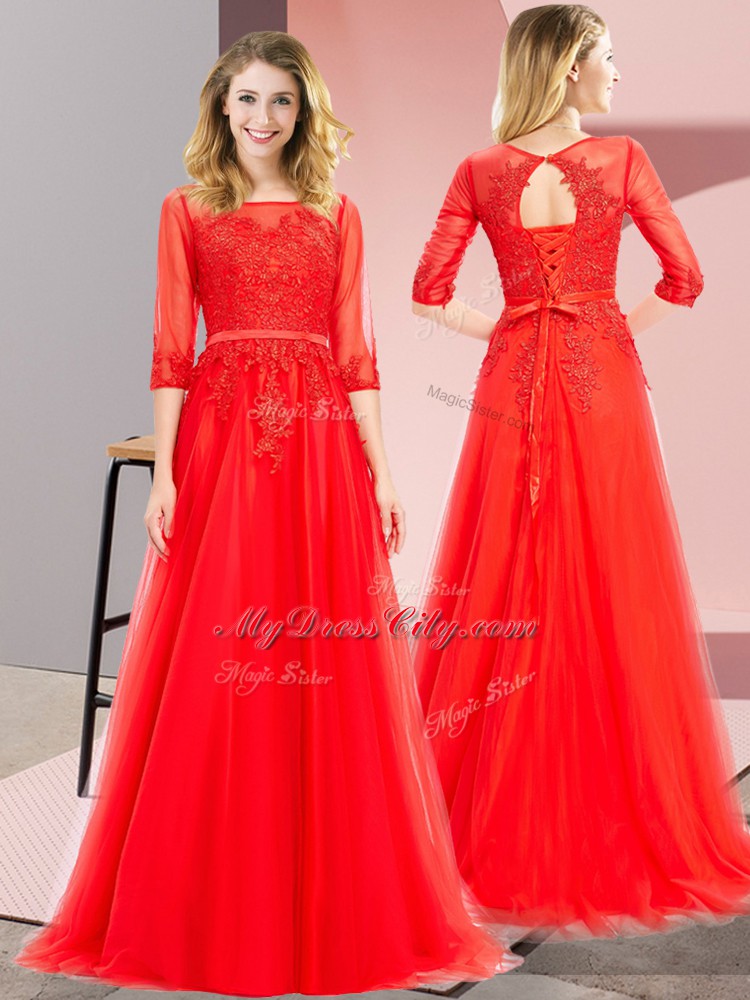 Beautiful Red Tulle Lace Up 3 4 Length Sleeve Floor Length Lace