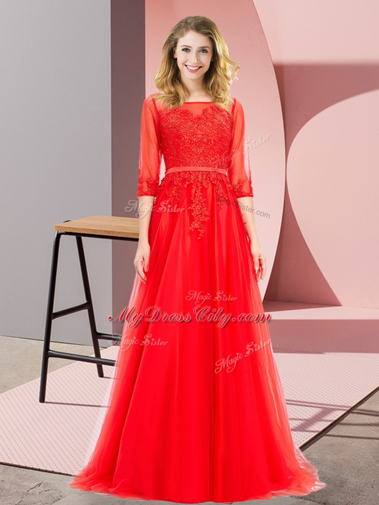 Beautiful Red Tulle Lace Up 3 4 Length Sleeve Floor Length Lace