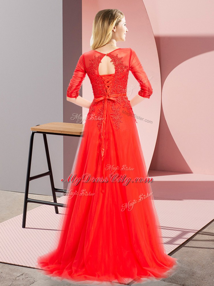 Beautiful Red Tulle Lace Up 3 4 Length Sleeve Floor Length Lace