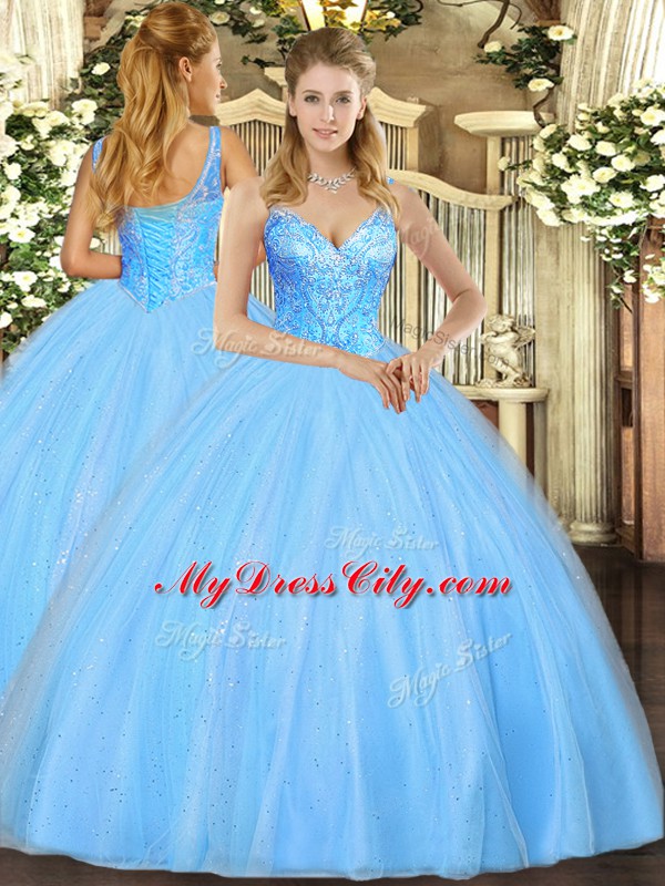 Aqua Blue Ball Gowns V-neck Sleeveless Tulle Floor Length Lace Up Beading Ball Gown Prom Dress