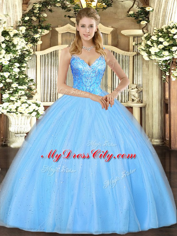 Aqua Blue Ball Gowns V-neck Sleeveless Tulle Floor Length Lace Up Beading Ball Gown Prom Dress