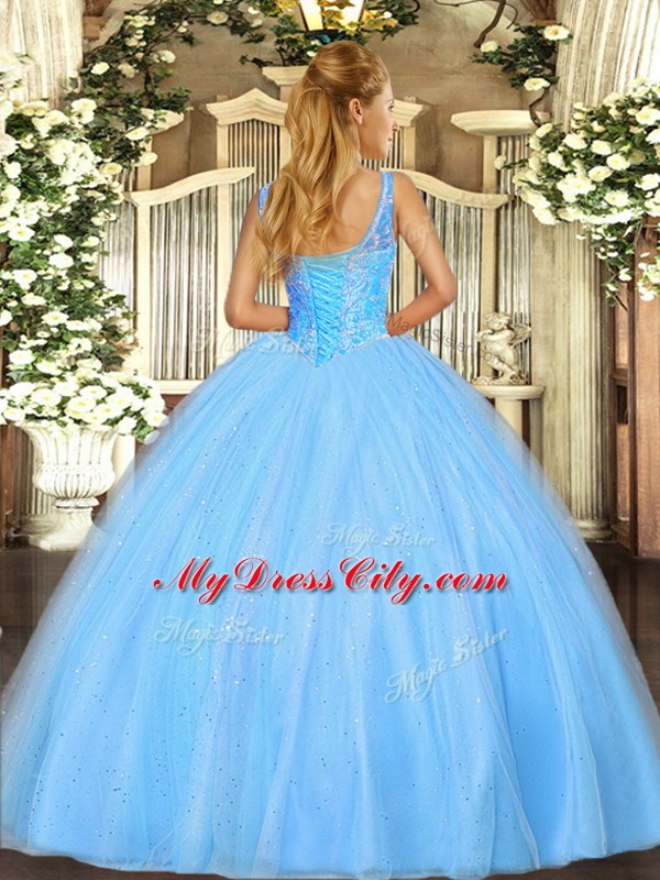 Aqua Blue Ball Gowns V-neck Sleeveless Tulle Floor Length Lace Up Beading Ball Gown Prom Dress