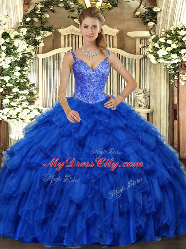 High End Royal Blue Sleeveless Organza Lace Up 15th Birthday Dress for Military Ball and Sweet 16 and Quinceanera